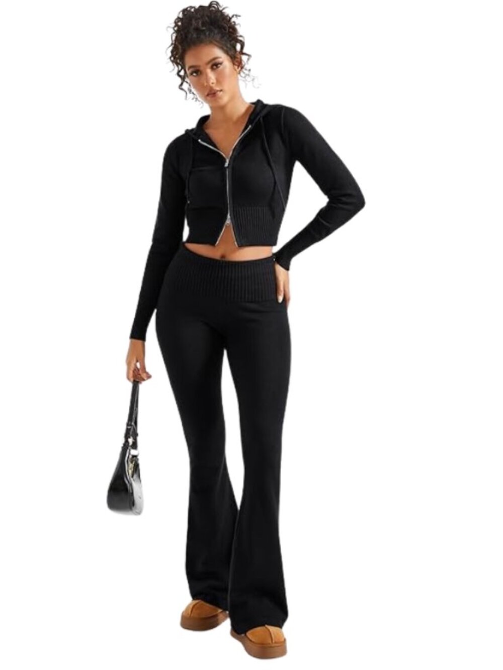 2 Piece Knit Set Cropped Zip Up Hoodie Foldover Flare Leg Pants Sweatsuit - Picture 2 of 7